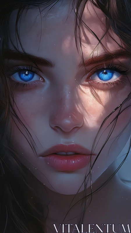 Blue-eyed woman gazes forward through cool dappled light