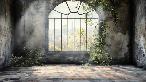 Sunlit abandoned room welcomes nature through arched window