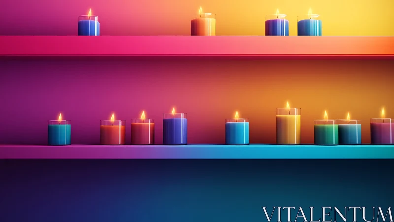 Cozy rainbow candles glowing on colorful modern shelves.