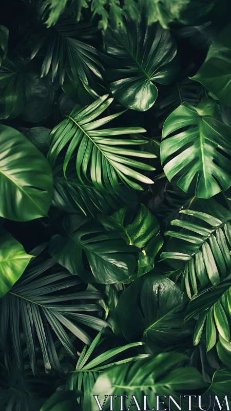 Dense tropical foliage with layered glossy green leaves.