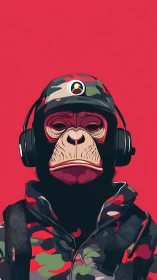 Camo-clad chimp soldier portrait with bold red backdrop.