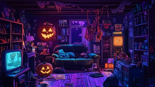 Neon lit Halloween den with retro monitors and horror props.