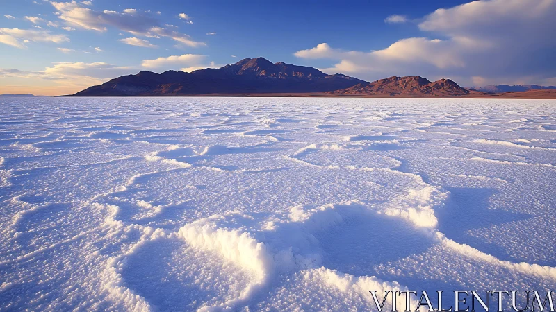 Salt flat landscape under clear blue alpine sky.