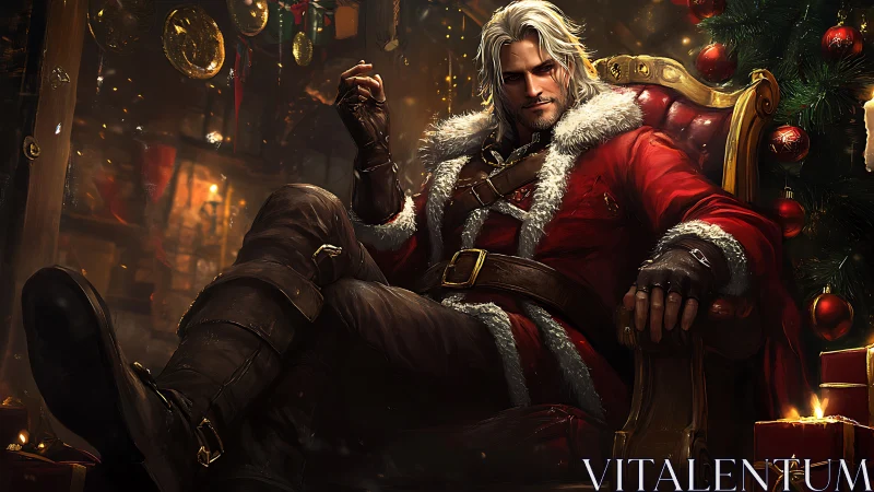 Rogue winter Santa lounges in leather and emberlit glamour.