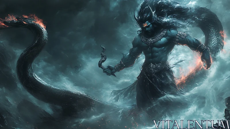 Mythic sea warlord versus serpent in stormlit digital painting.