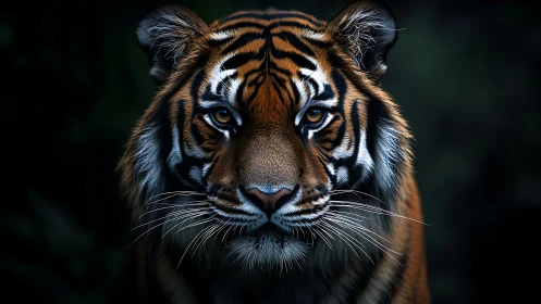 Tiger portrait glows against deep shadowed jungle void.