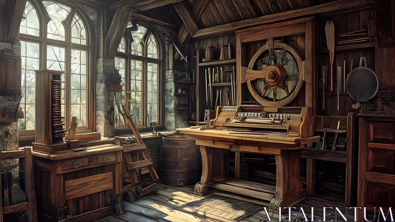 Clockwork scribe&rsquo;s wooden workshop drenched in dusty daylight.