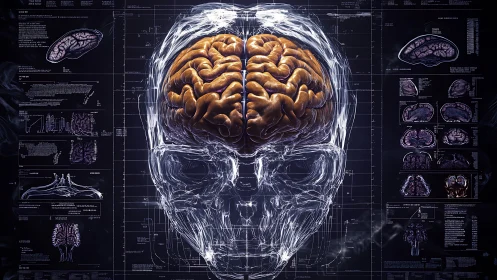 Cybernetic cranial atlas with luminous brain overlay diagram.