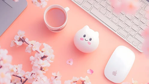 Pastel cherry blossom desktop layout with kawaii cat lamp