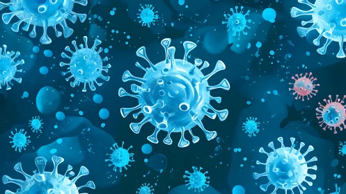 Glowing blue virus particles float in a dark microscopic space