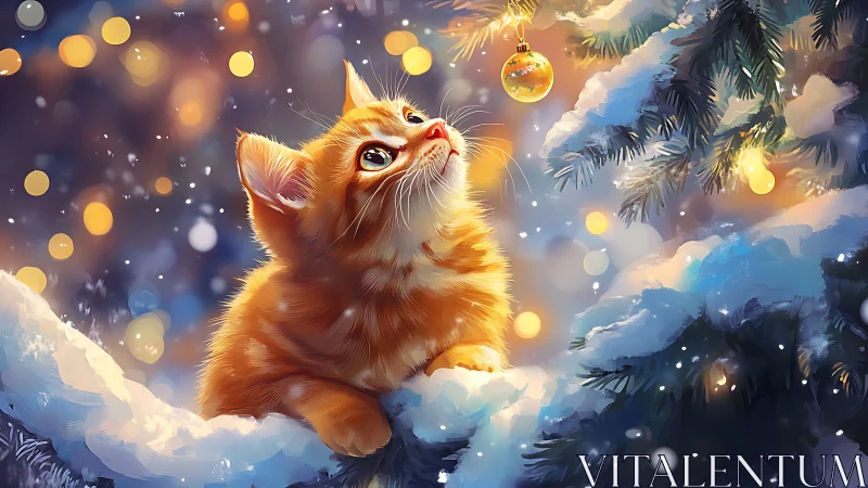 Orange kitten under snowy fir lights observing bauble glow.
