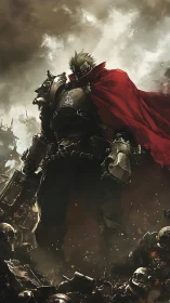 Armored warlord in red cloak dominates skull-littered battlefield