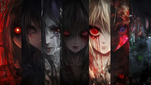 Segmented lineup of stylized figures with red glowing eyes.