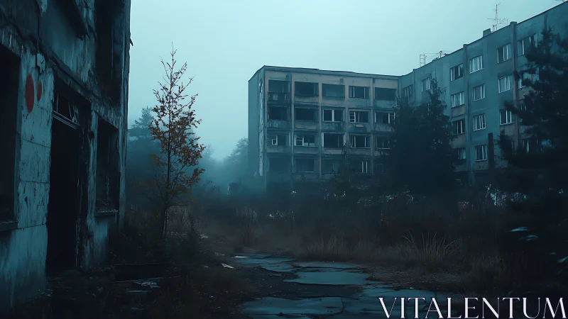 Deserted apartment blocks in fog with overgrown courtyard.
