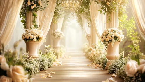 Luxurious wedding aisle framed by ivory florals and soft bokeh light