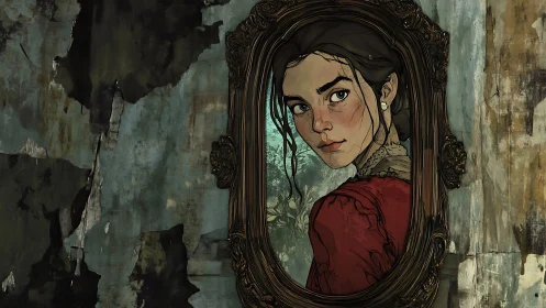 Victorian portrait in ornate mirror against decayed wall.