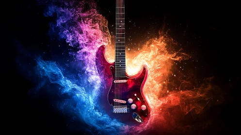 Electric guitar framed by blue and orange abstract flames.