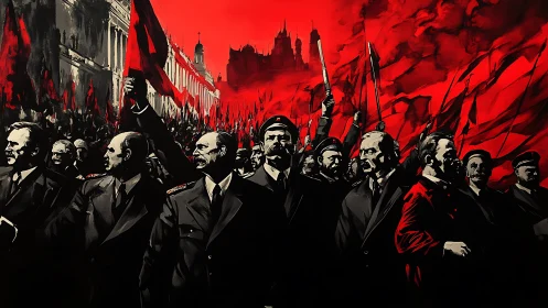 Political leaders in red-flag parade with urban backdrop.