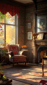 Sunlit Victorian reading nook with ornate fireplace and floral textiles