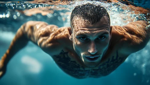 Underwater athlete in dynamic forward crawl close-up shot.