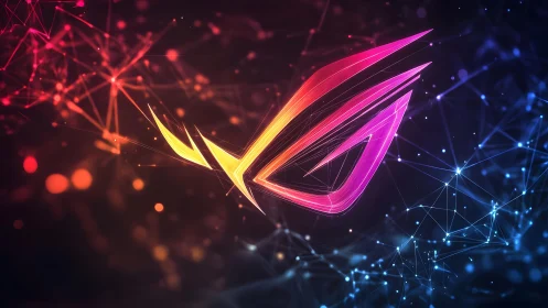 Futuristic neon ROG logo in a digital abstract network background.