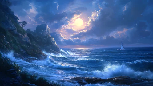 Moonlit seascape with crashing waves and distant sailboat.
