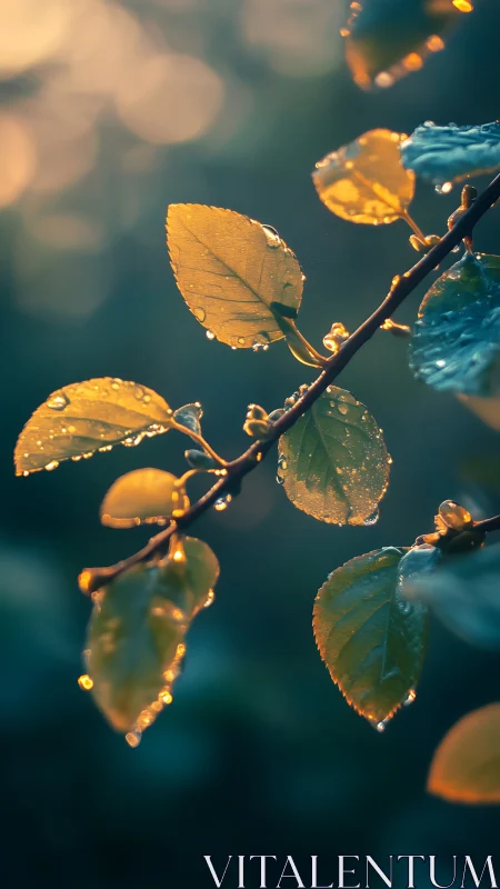 Morning dew on golden leaves in soft forest light.