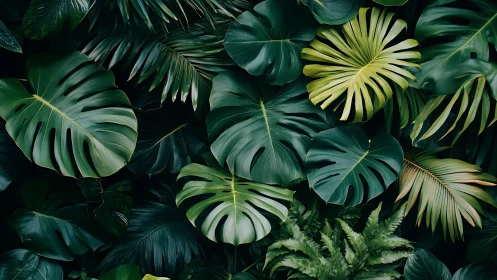Tropical monstera foliage fills dense layered jungle frame