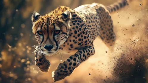 Cheetah explodes into a sprint across sunlit dusty terrain.