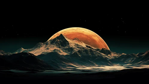 Martian dawn crowns alien peaks in cosmic desert hush.