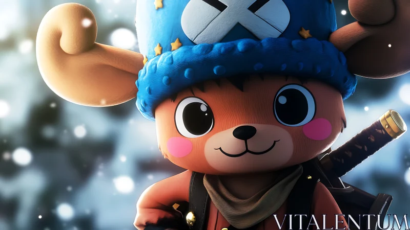 Snowy woodland adventurer with starry hat and bright grin.