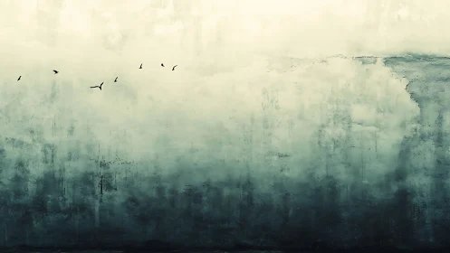 Desaturated coastal sky gradient with silhouetted birds in lateral flight