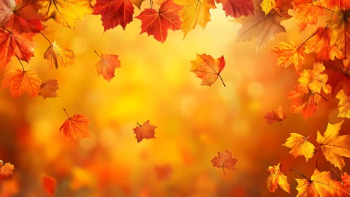 Falling autumn maple leaves move across bright golden background.