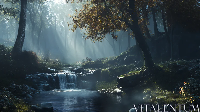 Misty Forest Cascade: Luminous Digital Landscape.