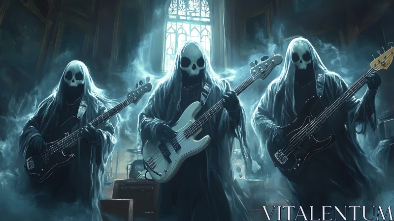 Grim reaper rock band with guitars in haunted cathedral stage.