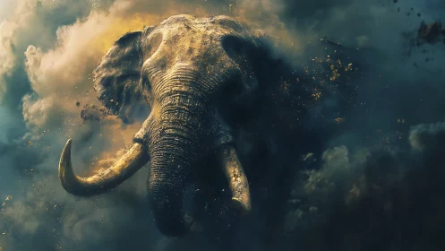 Powerful elephant emerging through swirling storm clouds