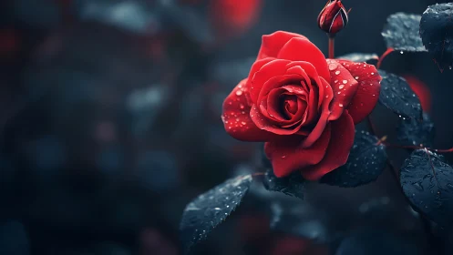 Crimson Beauty: Rain-Kissed Red Rose in Soft Focus.