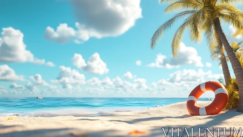 Sunlit tropical shoreline with orange lifebuoy ring resting.