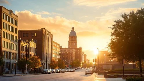 Sunlit neoclassical dome over linear downtown streetscape.