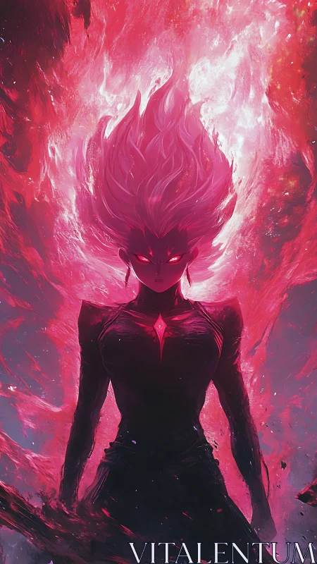 Crimson energy avatar ascends in blazing cosmic firestorm.