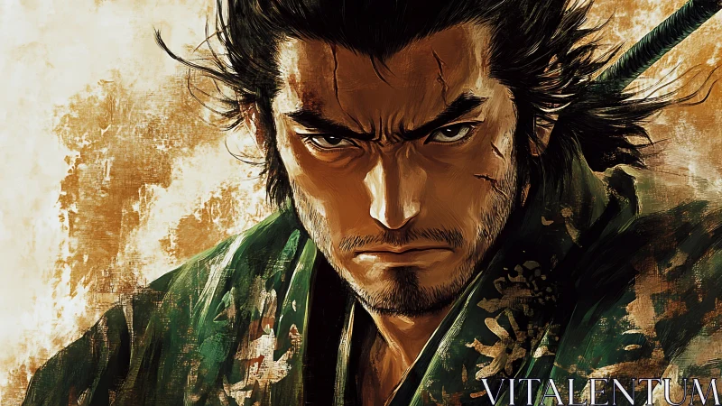 Intense samurai warrior portrait in textured digital art.