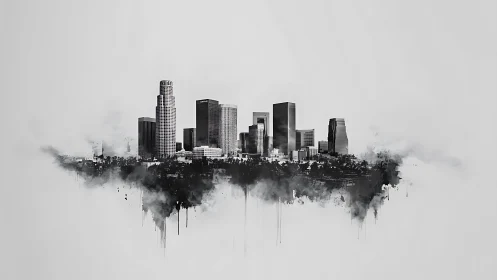 Monochrome city skyline with watercolor ink effects.