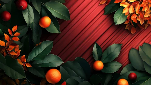 Saturated citrus foliage frames diagonal red wooden planks