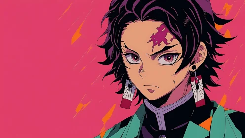 Intense anime warrior portrait on vivid magenta field.