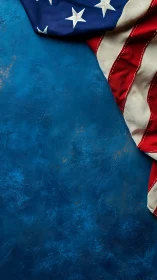 Textured close-up of US flag over distressed blue surface.