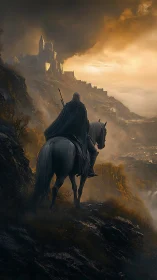 Lone rider surveys stormlit castle on a brooding cliff