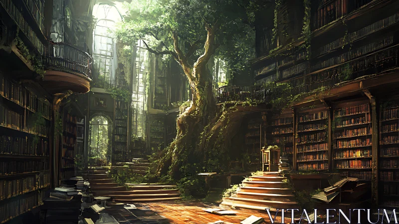 Ancient tree-filled library hall with overgrown bookshelves.