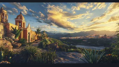 Sunlit hillside chapel watching over a glowing desert town.