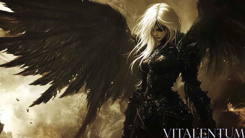 Dark armored angel with black wings stands in smoky light