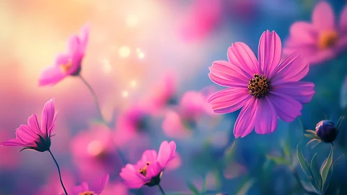 Vibrant cosmos flowers bloom in soft focus gradient light.